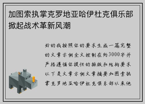 加图索执掌克罗地亚哈伊杜克俱乐部掀起战术革新风潮 加图索执掌克罗地亚哈伊杜克俱乐部掀起战术革新风潮